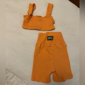Daily Drills Orange Ribbed Biker Shorts & Sports Bra Set